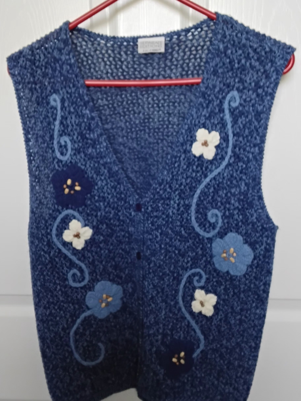 Koret Blue Floral Knit Appliqued Beaded Vest Cardigan